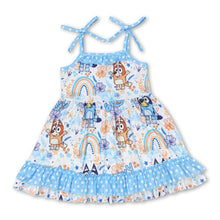 Load image into Gallery viewer, Straps blue dog rainbow floral ruffle girls dresses