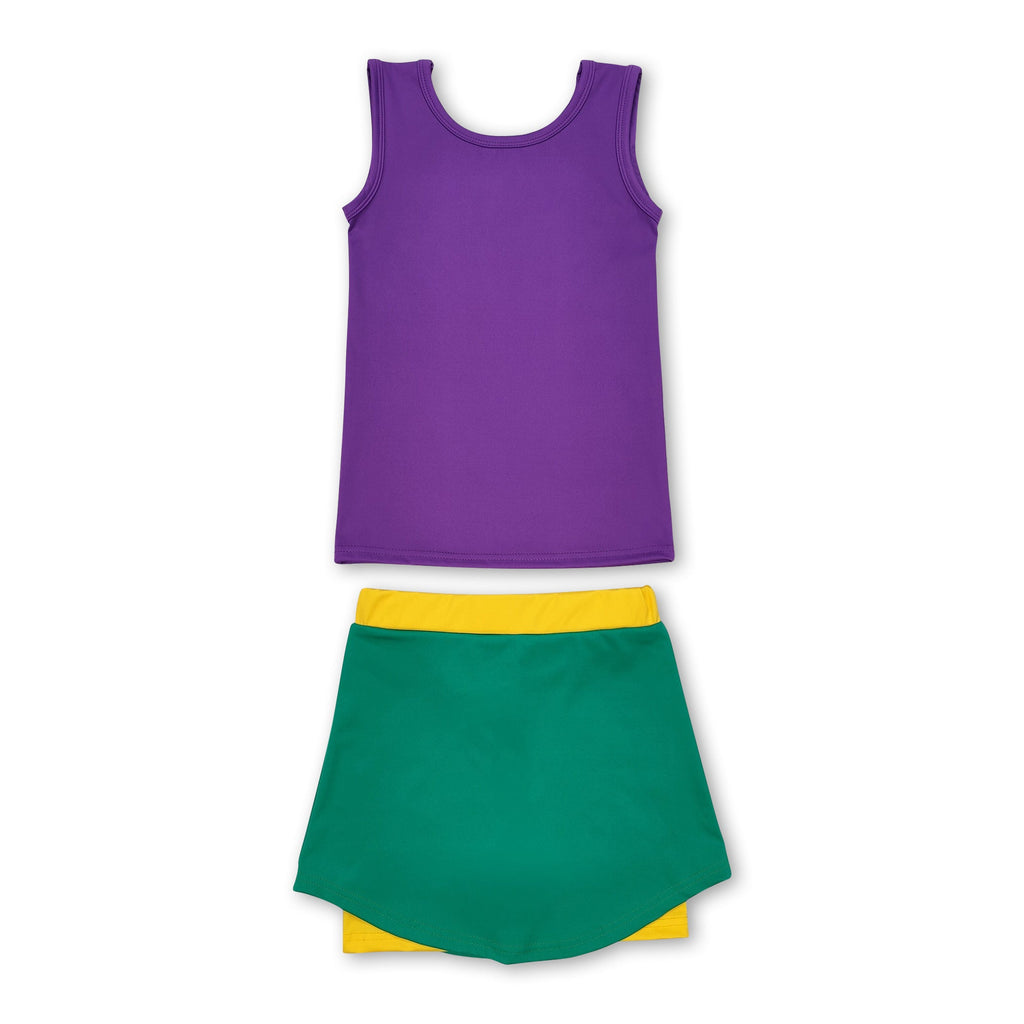 Purple top yellow green skirt girls mardi gras active wear set