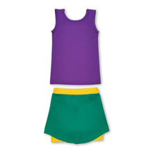 Load image into Gallery viewer, Purple top yellow green skirt girls mardi gras active wear set