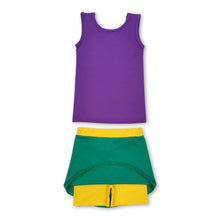 Load image into Gallery viewer, Purple top yellow green skirt girls mardi gras active wear set