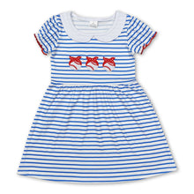 Load image into Gallery viewer, Blue stripe short sleeves baseball baby girls dresses