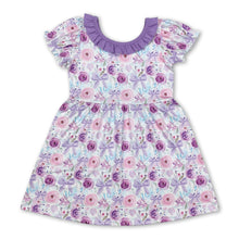 Load image into Gallery viewer, Lavender bow floral ruffle short sleeves girls dresses