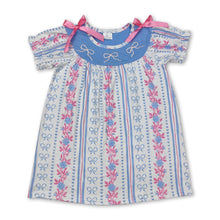 Load image into Gallery viewer, Short sleeves stripe floral light blue bow baby girls dress