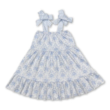 Load image into Gallery viewer, Light blue plaid straps floral ruffle baby girls dresses