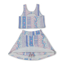 Load image into Gallery viewer, Sleeveless pink blue floral top skirt girls activewear set