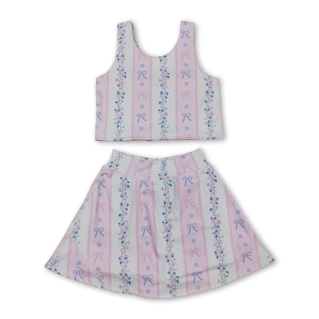 Sleeveless pink bow floral top skirt girls active wear set