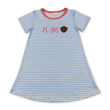 Load image into Gallery viewer, Light blue stripe baseball bow baby girls dresses