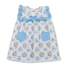 Load image into Gallery viewer, Light blue ruffle floral bow pockets baby girls dresses
