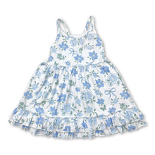 Load image into Gallery viewer, Straps light blue floral bow ruffle kids girls summer dress
