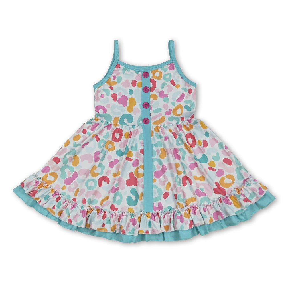 Straps leopard ruffle kids girls summer dresses