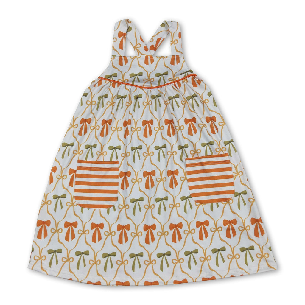 Straps orange bows stripe pockets girls fall dresses