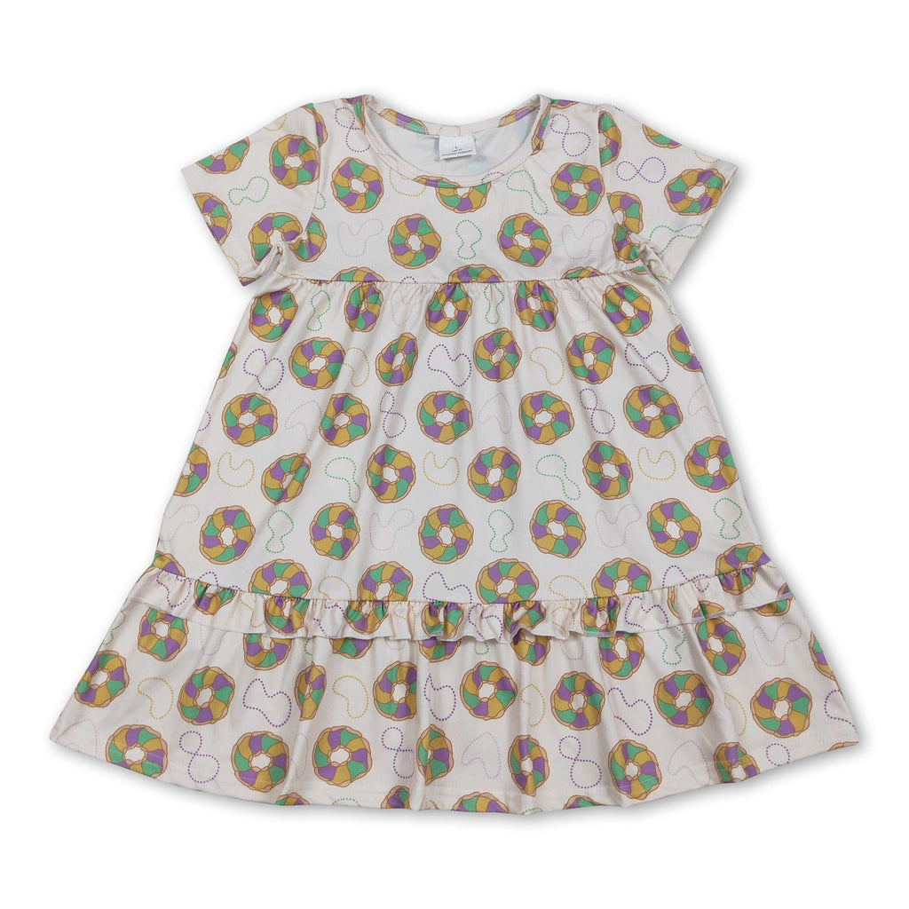 Purple green yellow donut print girl Mardi Gras dress