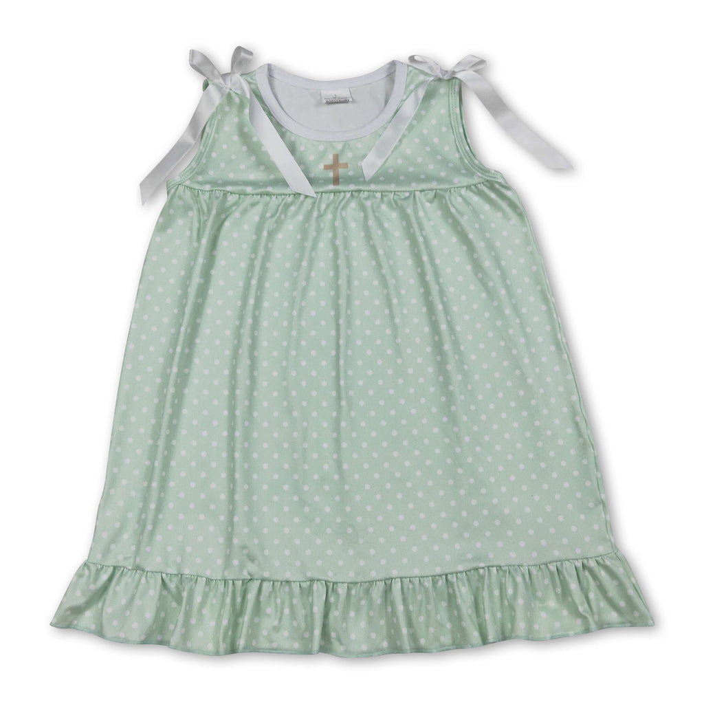 Sleeveless green polka cross kids girls Easter dress