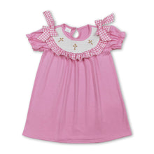 Load image into Gallery viewer, Pink short sleeves cross smocked kids girls Easter dresses