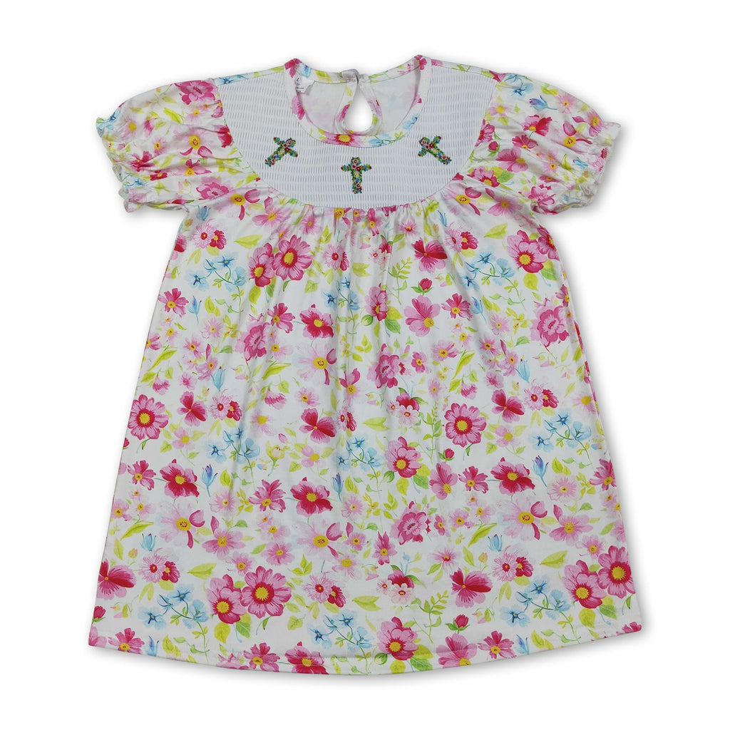 Floral short sleeves cross smocked baby girls Easter dress