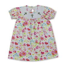 Load image into Gallery viewer, Floral short sleeves cross smocked baby girls Easter dress