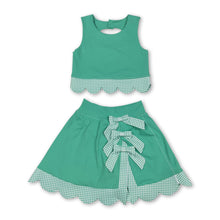 Load image into Gallery viewer, Sleeveless green crop top plaid bow skirt kids girls active set