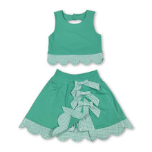 Load image into Gallery viewer, Sleeveless green crop top plaid bow skirt kids girls active set