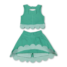 Load image into Gallery viewer, Sleeveless green crop top plaid bow skirt kids girls active set