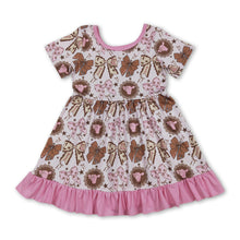 Load image into Gallery viewer, Short sleeves pink ruffle cow bow western girls dresses