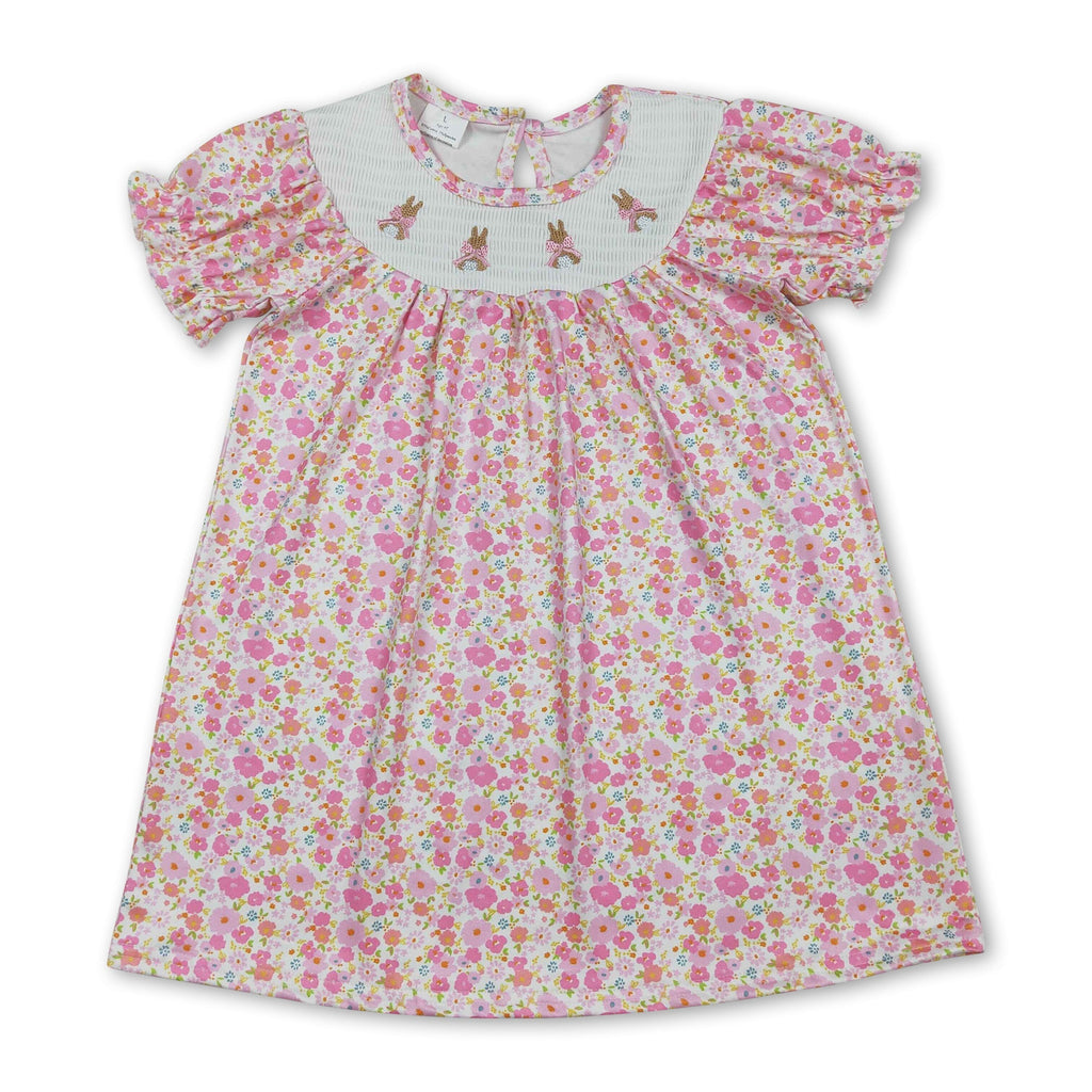 Short sleeves pink floral rabbit smocked girl Easter dress