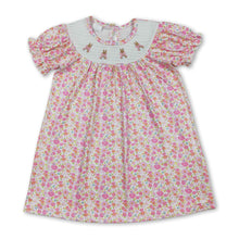 Load image into Gallery viewer, Short sleeves pink floral rabbit smocked girl Easter dress
