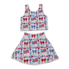 Load image into Gallery viewer, Sleeveless floral bow flag top skirt girls 4th of july active set