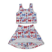 Load image into Gallery viewer, Sleeveless floral bow flag top skirt girls 4th of july active set