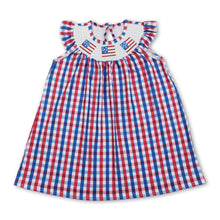 Load image into Gallery viewer, Plaid flag smocked kids girls 4th of july dresses