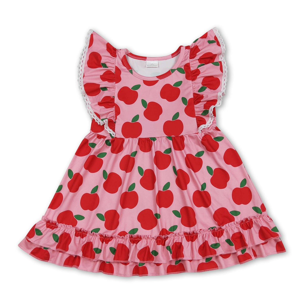 Flutter sleeves apple ruffle kids girls back to school dress