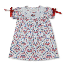 Load image into Gallery viewer, Short sleeves flag bow embroidery girls 4th of july dresses