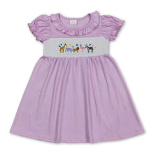 Load image into Gallery viewer, Short sleeves animal smocked happy birthday girls dress