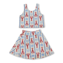Load image into Gallery viewer, Sleeveless crawfish bow top skirt girls active wear set