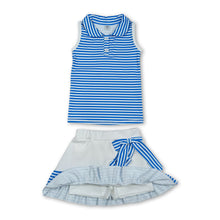 Load image into Gallery viewer, Sleeveless blue stripe polo top skirt girls team activewear outfit