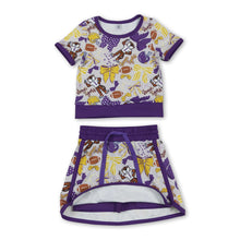 Load image into Gallery viewer, Purple bow tiger top skirt girls team active wear set