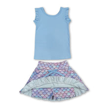 Load image into Gallery viewer, Sleeveless light blue top mermaid scale skirt girls activewear set