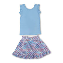 Load image into Gallery viewer, Sleeveless light blue top mermaid scale skirt girls activewear set