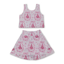 Load image into Gallery viewer, Pink stripe castle crop top bow skirt girls summer active set