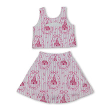 Load image into Gallery viewer, Pink stripe castle crop top bow skirt girls summer active set