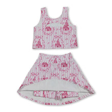 Load image into Gallery viewer, Pink stripe castle crop top bow skirt girls summer active set