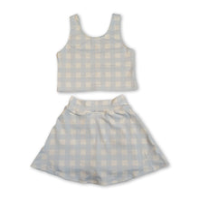 Load image into Gallery viewer, Sleeveless sky blue plaid crop top skirt kids girls activewear set