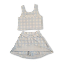 Load image into Gallery viewer, Sleeveless sky blue plaid crop top skirt kids girls activewear set