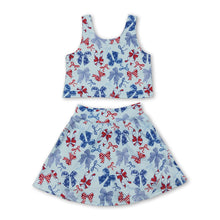 Load image into Gallery viewer, Red blue bow top skirt girls 4th of july active wear set