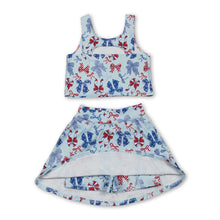 Load image into Gallery viewer, Red blue bow top skirt girls 4th of july active wear set