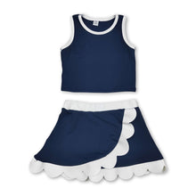 Load image into Gallery viewer, Sleeveless navy white scallop girls team active wear set