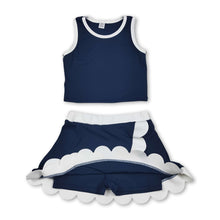 Load image into Gallery viewer, Sleeveless navy white scallop girls team active wear set