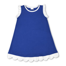 Load image into Gallery viewer, White scallop ruffle sleeveless blue girls cotton team dress