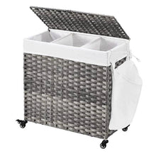 Load image into Gallery viewer, Handwoven Grey PP Rattan 3-Bag Laundry Basket Cart with Cotton Liner on Wheels
