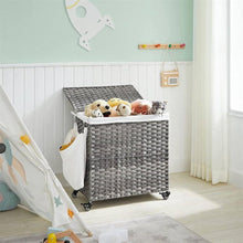 Load image into Gallery viewer, Handwoven Grey PP Rattan 3-Bag Laundry Basket Cart with Cotton Liner on Wheels
