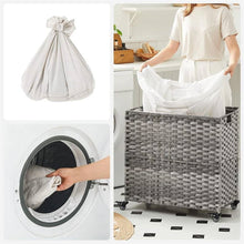 Load image into Gallery viewer, Handwoven Grey PP Rattan 3-Bag Laundry Basket Cart with Cotton Liner on Wheels